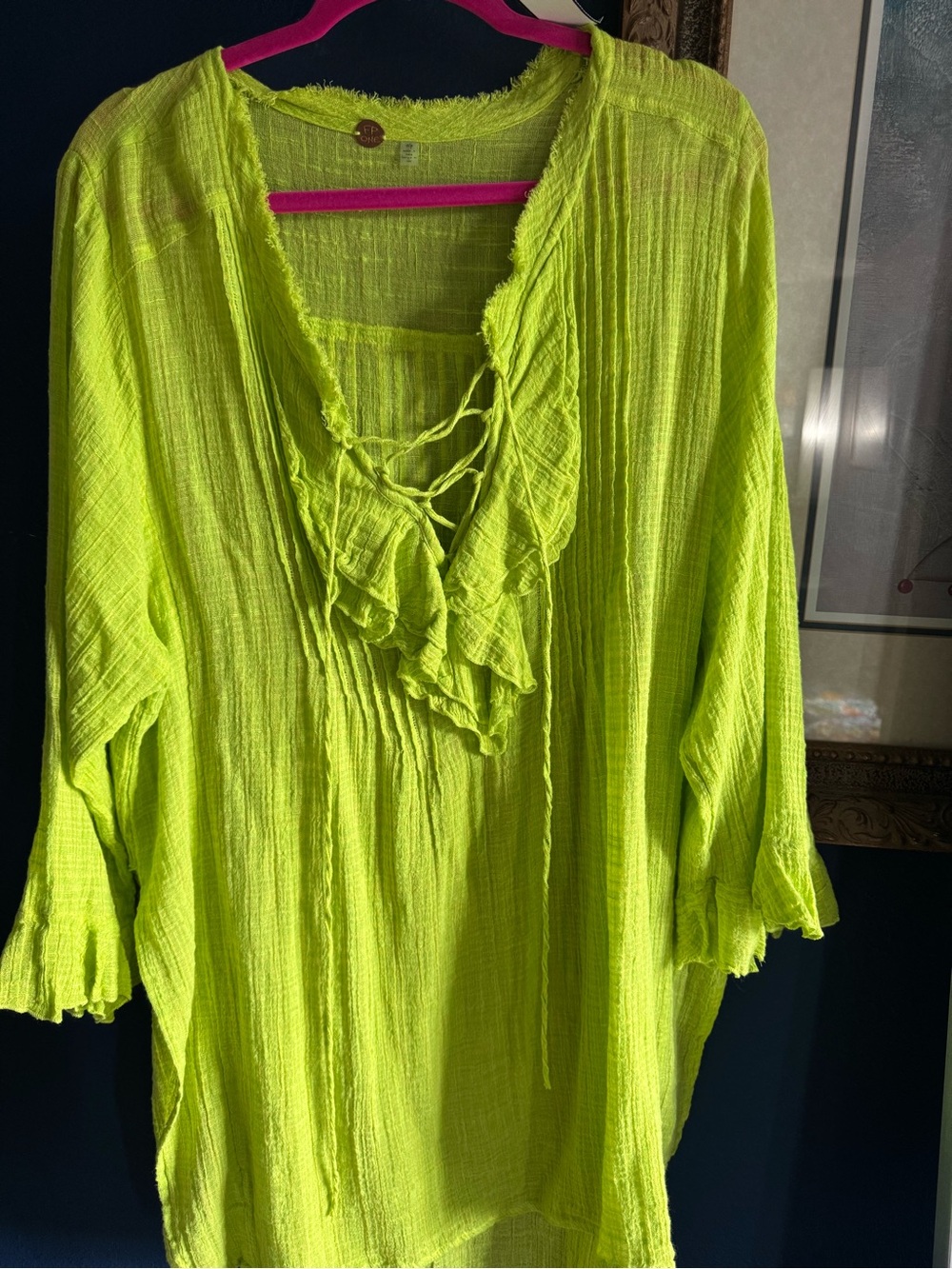 Neon Lime Peasant Blouse with Ruffle V-Neck